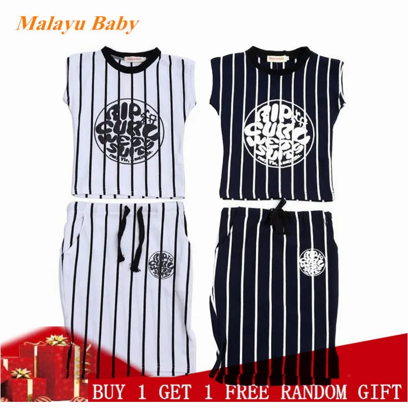 

Baby girl clothes set 2019 summer new girl striped print sleeveless T-shirt + bag hip skirt 2pcs children's clothing 3-7 years