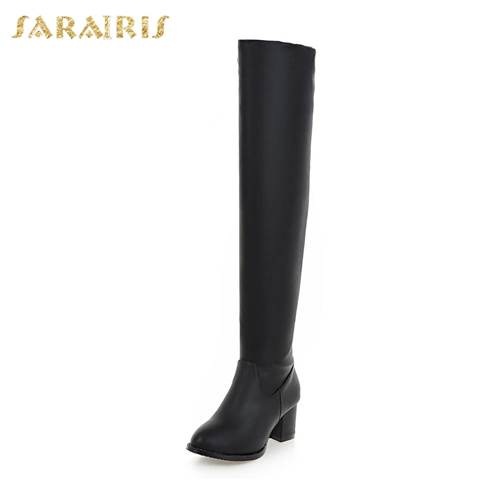 SARAIRIS/Новые брендовые теплые зимние сапоги на меху, большие размеры 34-43 женская обувь сапоги до колена на не сужающемся книзу массивном каблуке Женская обувь - Цвет: black