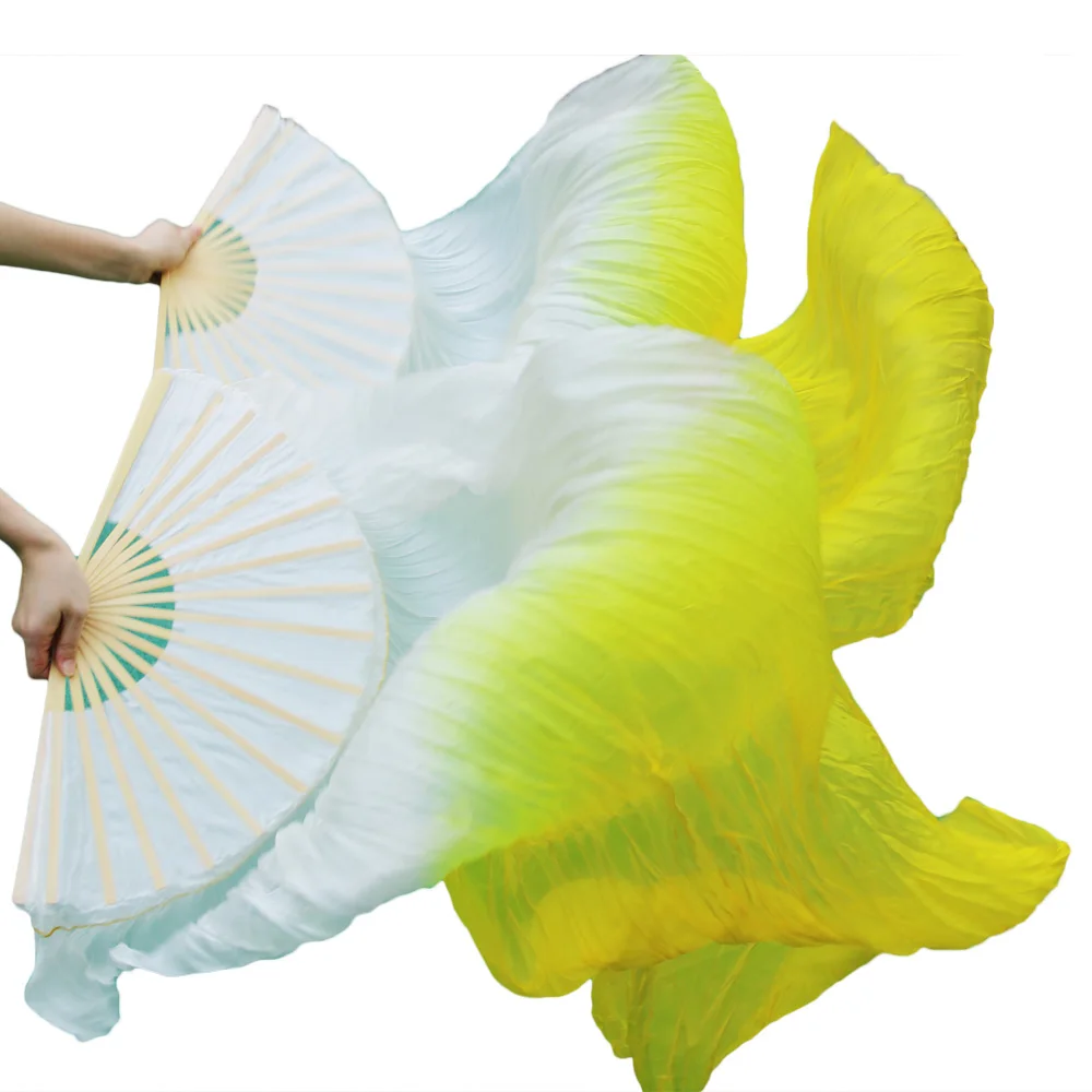 Хиты, высокая распродажа, Женская качественная шелковая вуаль для танца живота, веера, натуральный шелк, радужная цветная вуаль, одна пара(2 шт - Цвет: white yellow