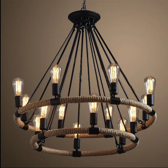 Retro Single Double Rings Hemp Rope Pendant Lamp 6 8 14 Heads Retro Single Double Rings Hemp Rope Pendant Lamp 6 8 14 Heads Vintage