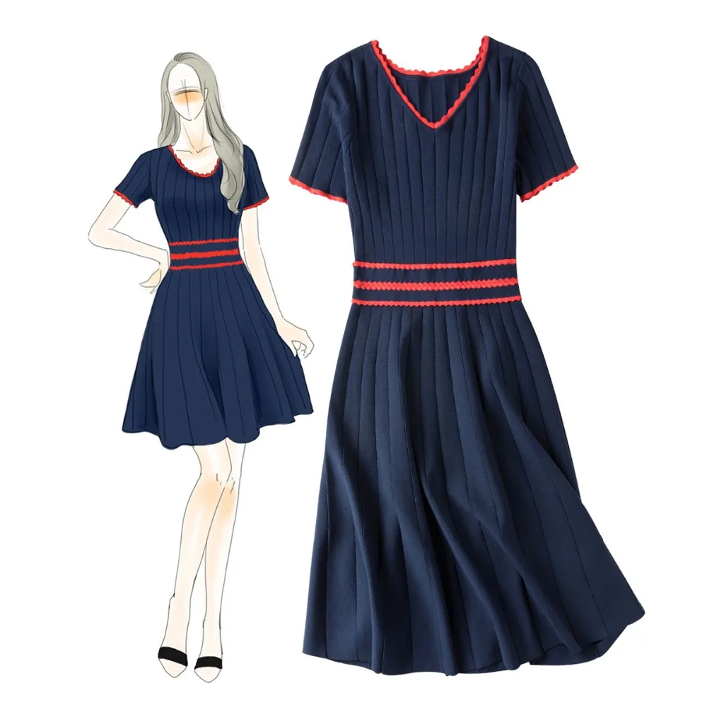 

European style elegant V neck A-line knitting dress 2019 SUMMER Brand new design women's short sleeves knitted dress A264