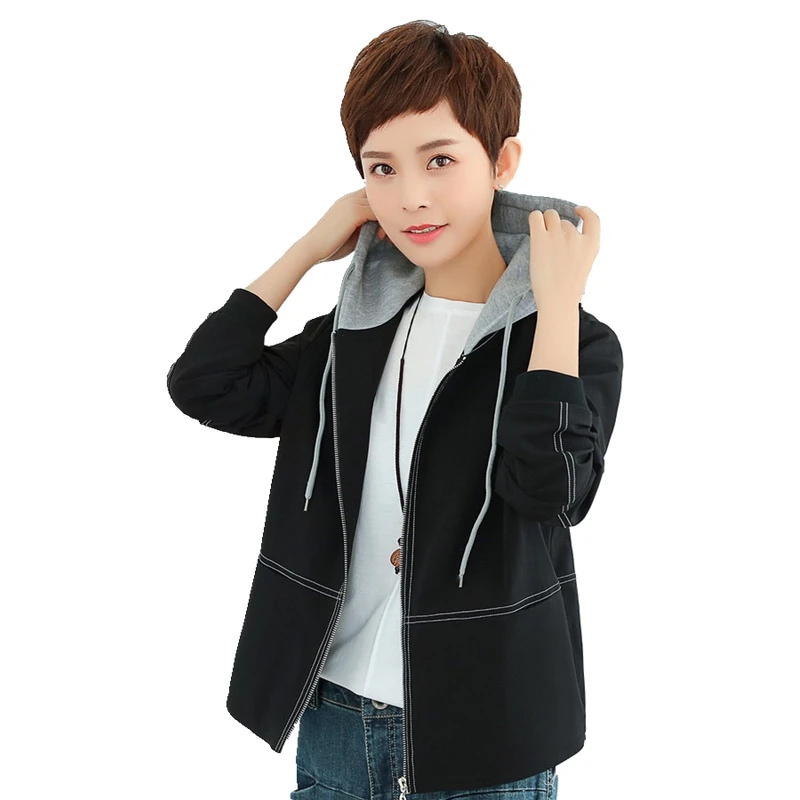 

Spring new short hooded jacket women black orange patchwork solid slim jacket woman plus size 4XL 5XL casual elegant female tops