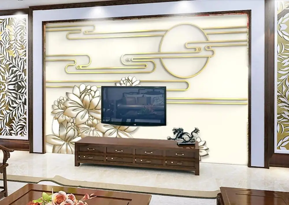 

Three-dimensional wrought iron golden relief flower good moon round TV sofa living room bedroom background wallpaper mural