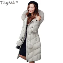 Tcyeek, женские зимние куртки и пальто, белый утиный пух, Женская куртка с капюшоном, натуральный Лисий мех, воротник, теплый, HJ294