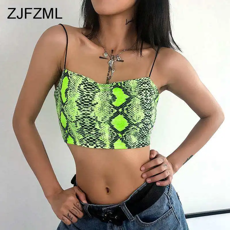 

Neon Green Snake Print Cami Top 2019 Summer Spaghetti Strap Backless Bodycon Crop Tops Garajuku Women Sleeveless Sexy Tank Top
