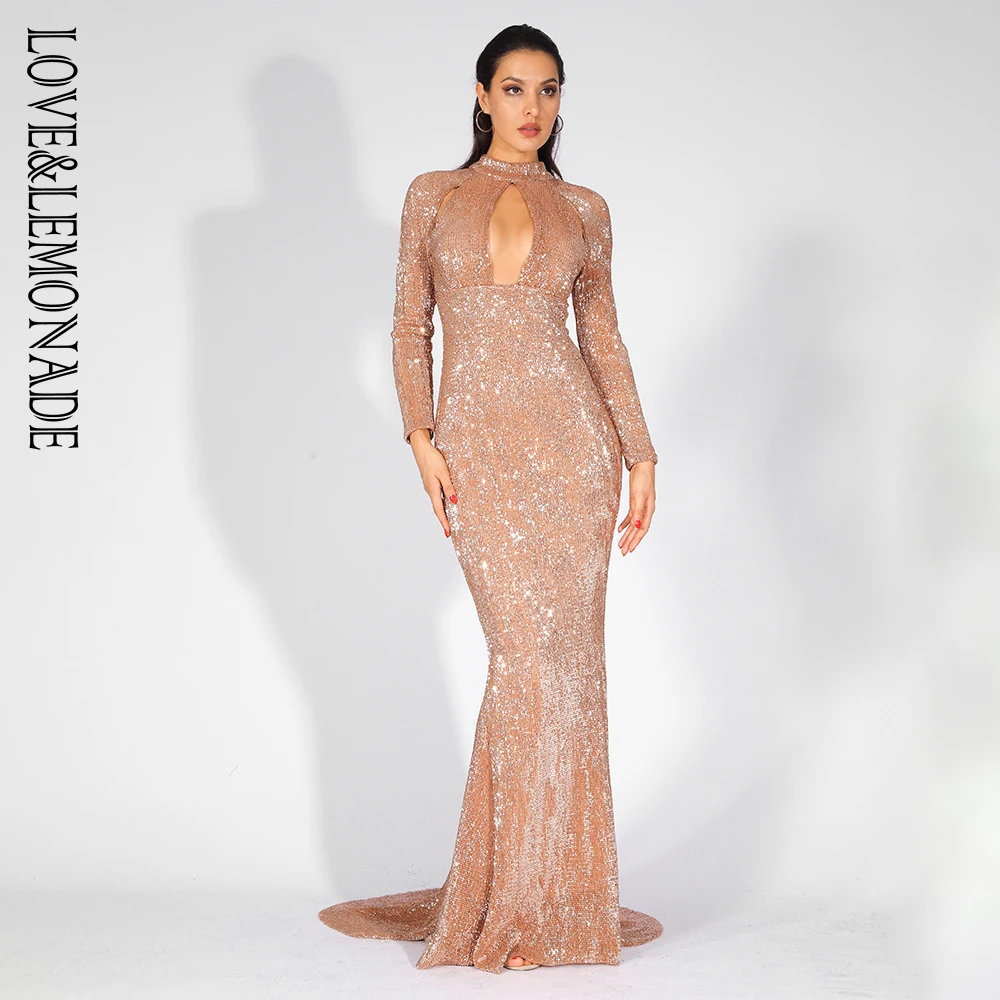 

Love&Lemonade Cut Out Stand Elastic Sequins Long Dress LM81525GOLD