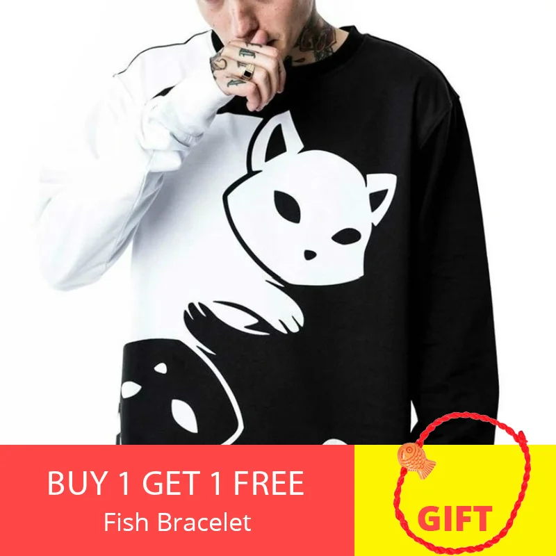 

Plusign Yin Yang Cat Men's Casual Hoodie Cotton Black White Long Sleeve Sweatshirts Print Pullover Soft Comfy Loose Clothing