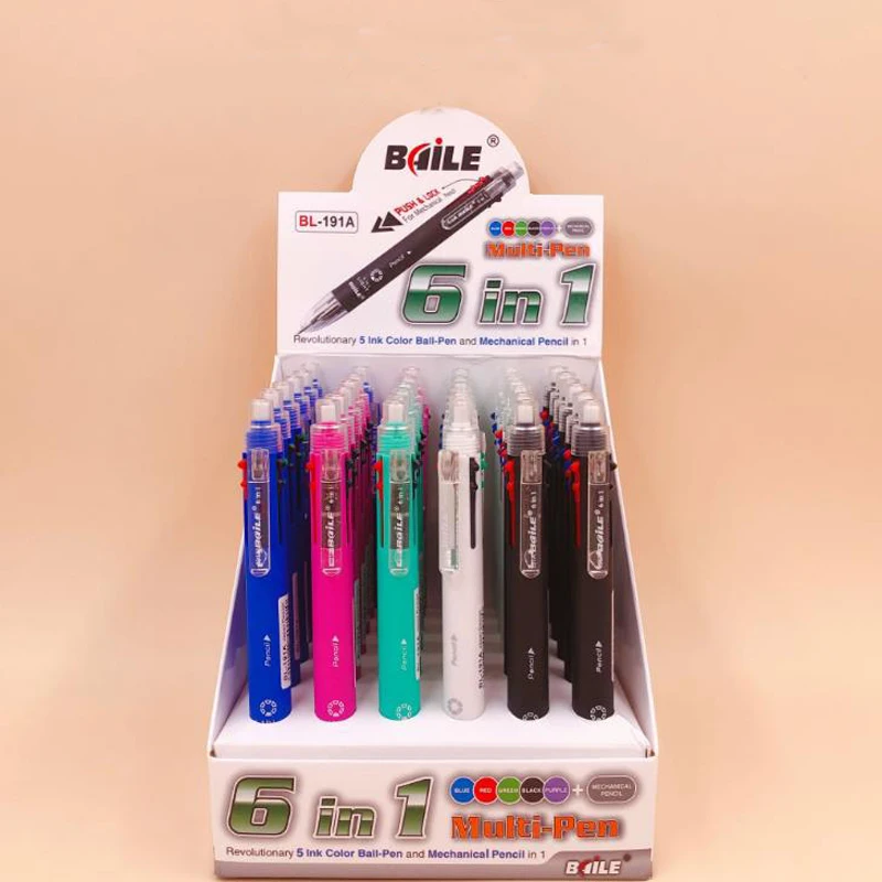 

4 Pcs/set Kawaii Clip-on Multi 6 In 1 Plastic 5 Colors Press Ballpoint Pens Contains 1 Mechanical Pencil Korean Stationery Gift