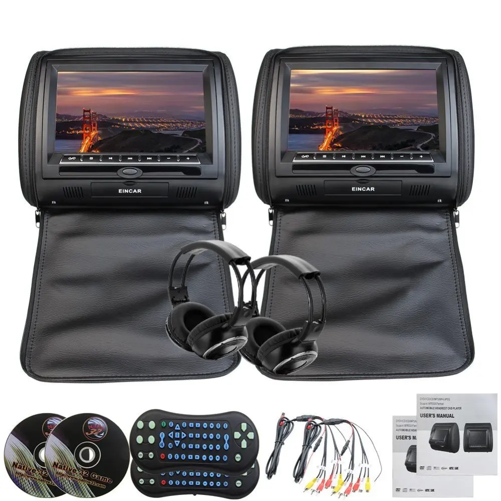2pcs Headphones+9'' DVD Player Pillow Headrest Monitor Pair of Car Headrest Remote Contro lUSB SD IR FM Transmitter 32 Bit Games