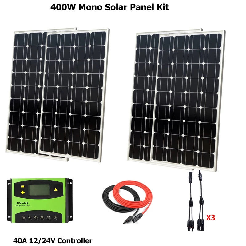 

400W Monocrystalline Solar Panel 4pcs 100W Module W/ LCD 40A Solar Controller+solar cable+MC4 Connector solar system