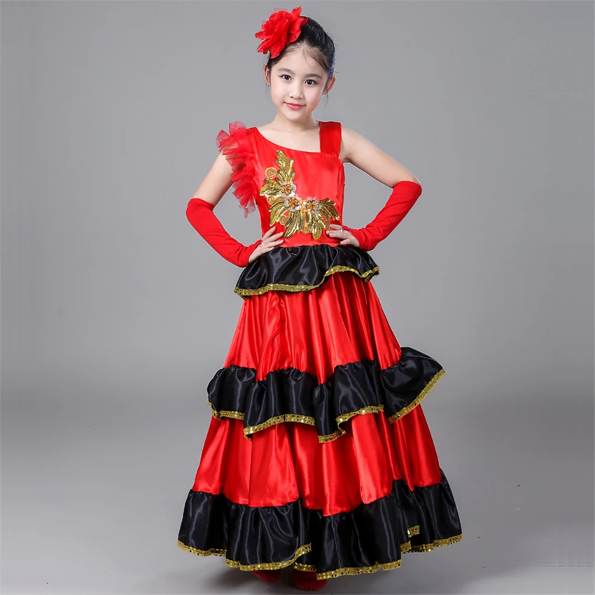 Children Spanish Flamengo Dress for Girl Bullfighting KIds Belly Dance Costume Ballroom Gypsy Chorus Stage Performance Vestidos