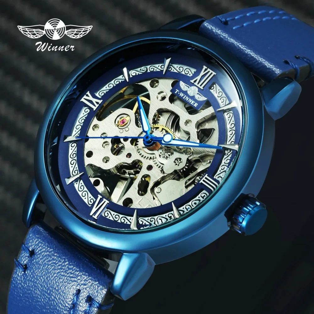 

WINNER Fashion Dress Men Mechanical Watches Top Brand Luxury Blue Leather Strap Roman Number Skeleton Dial Casual Wristwatches
