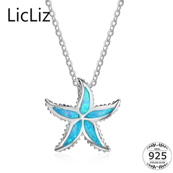 

LicLiz 925 Sterling Silver Opal Necklace For Women Sea Animal Starfish Necklace Collier Blue Stone Pendant Necklace Chain LN0258