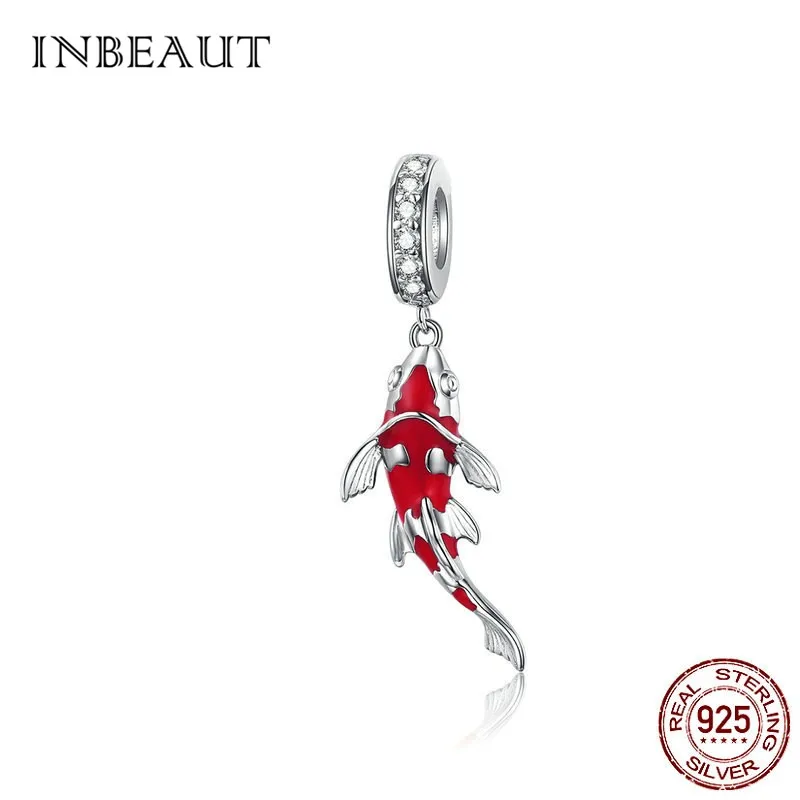 

INBEAUT 100% 925 Sterling Silver Good Luck Red Enamel Carp Charms White CZ Lucky Fish Beads fit Pandora Bracelet Jewelry Making