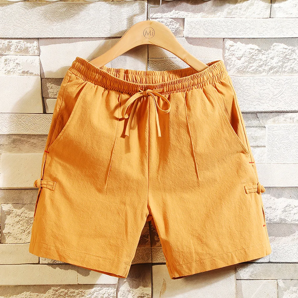 Мужские летние повседневные винтажные хлопковые льняные однотонные удобные пляжные короткие штаны однотонные дышащии эластичные для талии мужские шорты 6,18