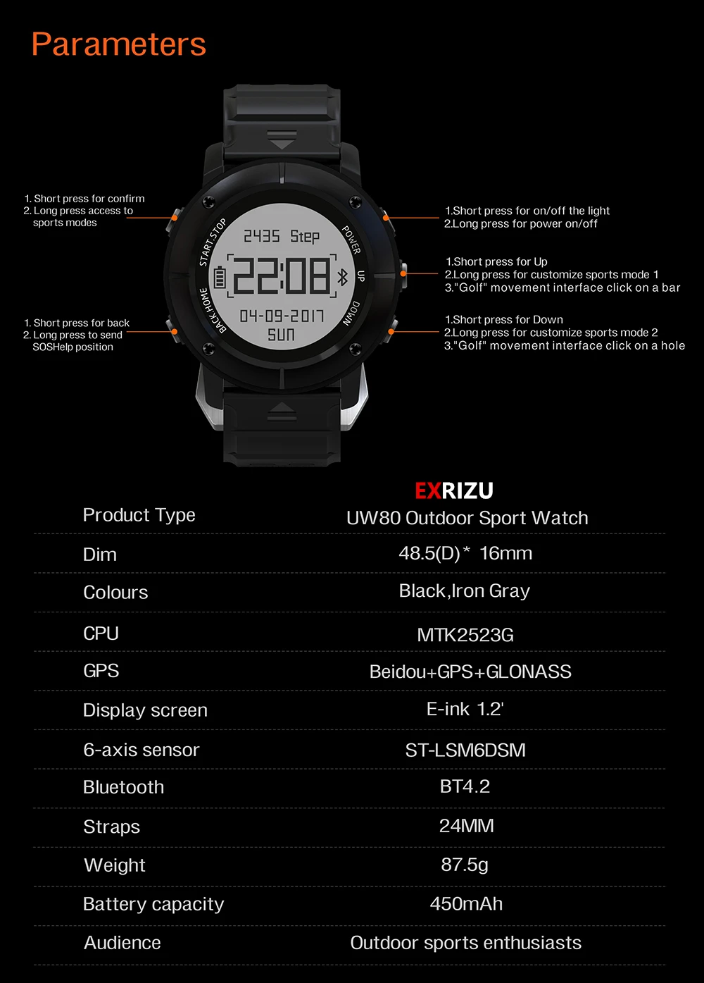 EXRIZU UW80 уличные спортивные gps навигационные Смарт-часы пульсометр Bluetooth Smartwatch фитнес-трекер компас альтиметр