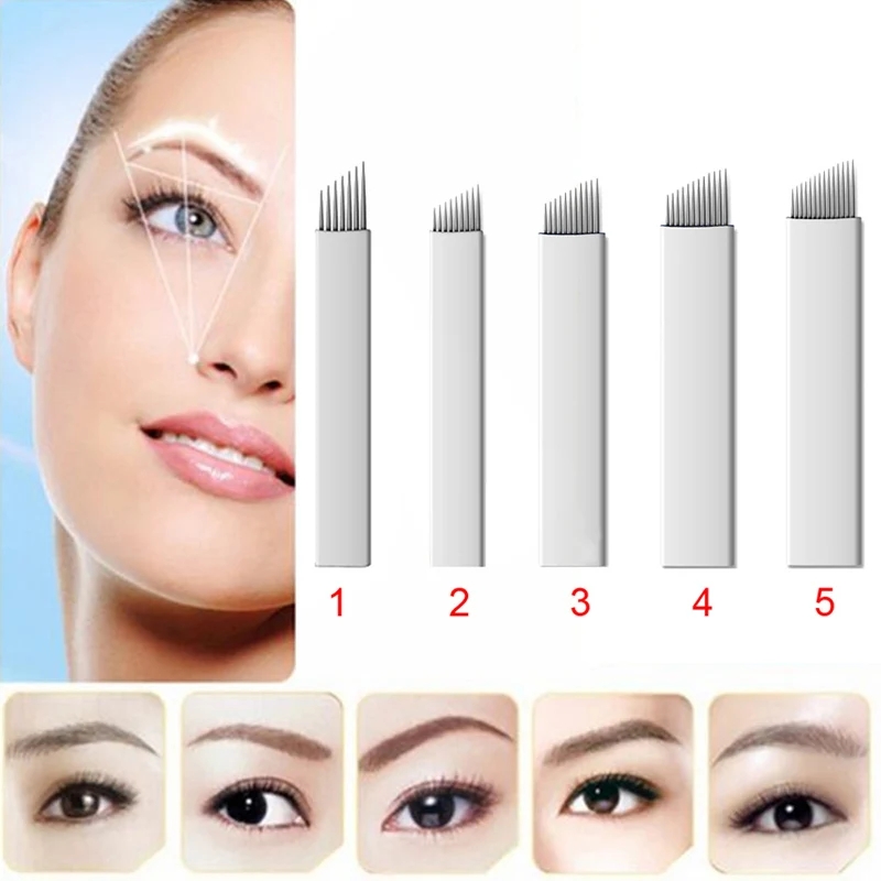 

50 Pcs Permanent Floating Eeybrow Tattoo Needles Blade 7/9/11/12/14Pins Manual Beauty Makeup Microblading Pen Machine SS