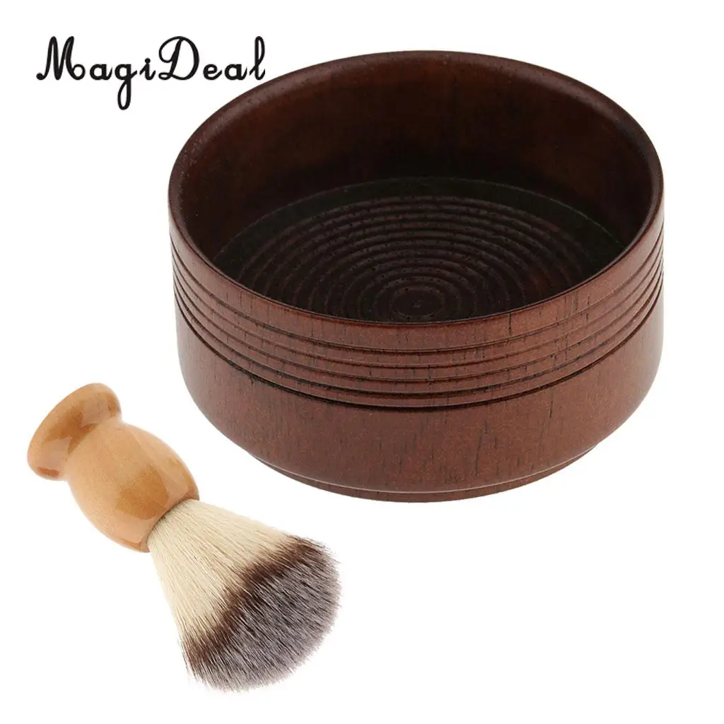 Natural Wooden Handle Shaving Brush + Wood Mug Cup Bowl Set for Men Barber