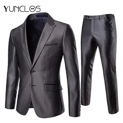 YUNCLOS 2019 для мужчин's костюмы тонкой сетки Slim Fit Костюмы на двух пуговицах серый Формальные Свадебные 2 шт. Пром с брюки для мужчин