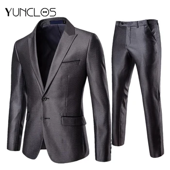 

YUNCLOS Men's Suits Fine Grid Slim Fit Suits Two Buttons Gray Formal Wedding Suits 2 PCS Prom Suits with Pant For Men