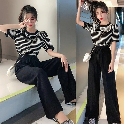 

2019 Knitted 2 Piece Set Women Pullover Short Sleeves Striped Tops Elastic Waist Full Length Pants Casual Women Sets Clothes