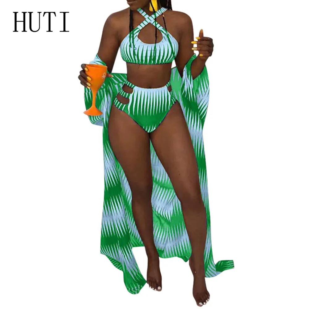 

HUTI Printed Bikini Bottom Three Pieces Sets Jumpsuits Hollow Out Halter Swimsuits with Cloak Summer Beach Water Activities Wear