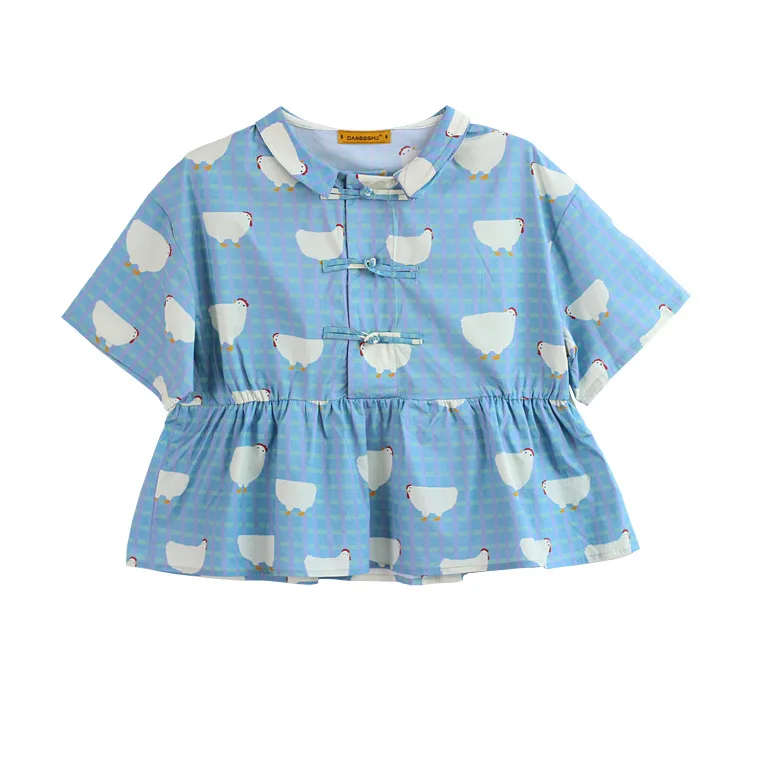 Женские шифоновые блузки с короткими рукавами и воротником «Питер Пэн», модные короткие рубашки в стиле Харадзюку, милые футболки для девочек с рисунком курицы - Цвет: Синий