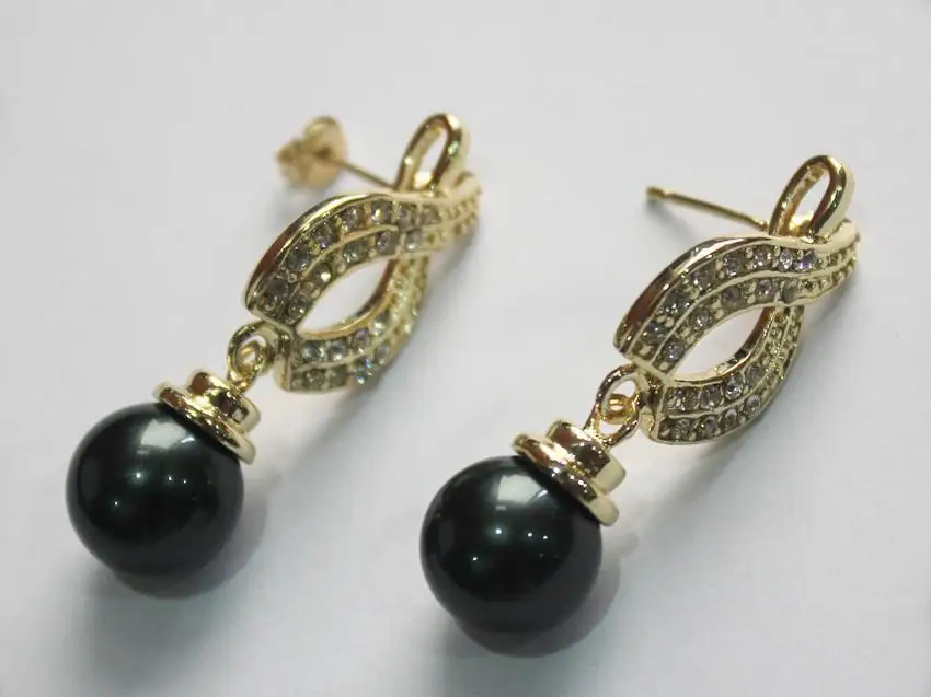 

Hot sell Noble- latest fashion lady's nicest 18KGP with crystal plated leave shape +12mm black pearl bread earring