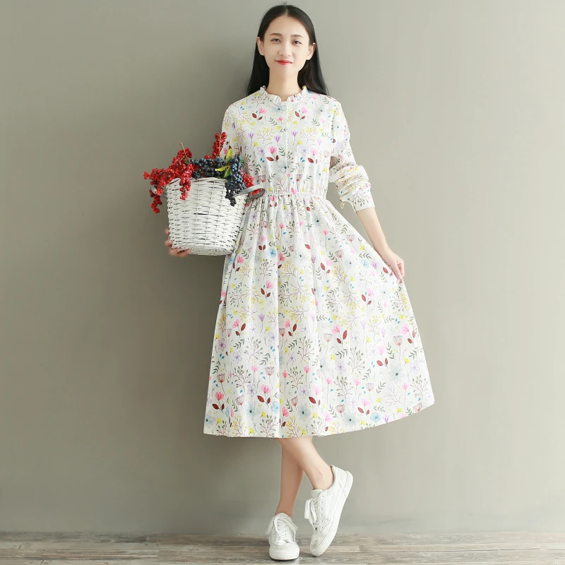 

2018 New Spring Dress Floral Printing Corduroy Dress Female Long Sleeved Stand Collar All Match Long Dress Student