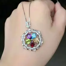 Натуральные Разноцветные кристаллы кулон 925 пробы натуральный драгоценный камень кулон ожерелье модный счастливый Круглый Цветок женские ювелирные изделия