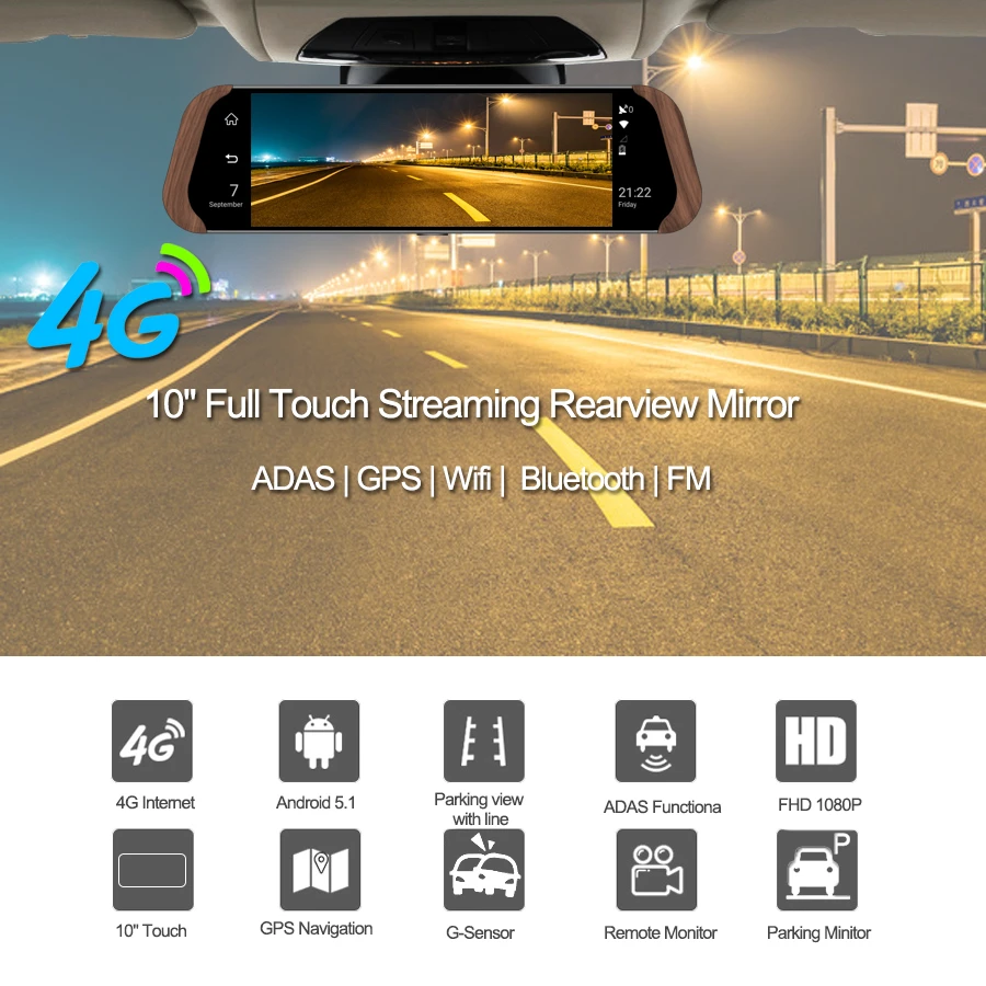 E-ACE D06 Автомобильный видеорегистратор Камера 4G Android 5,1 FHD 1080P видео рекордер Dash Cam 10 дюймов зеркало заднего вида gps навигатор ADAS Регистратор