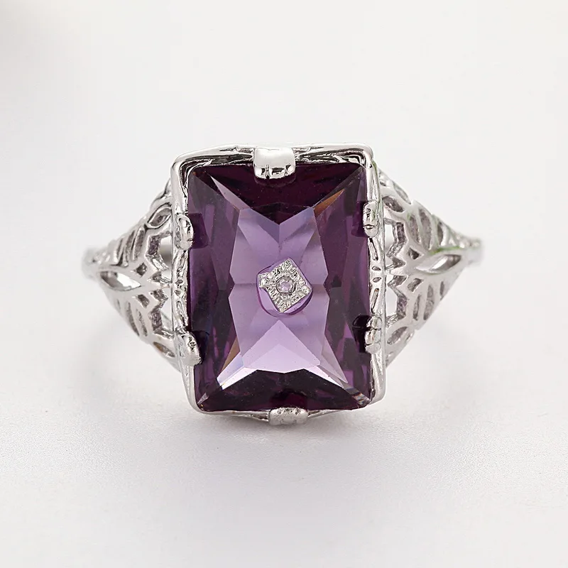 Ретро Большой Фиолетовый Камень выдалбливают узор ярко-серебристого цвета кольца Bague для женщин юбилей Праздник ювелирные изделия Anillos Z5N507