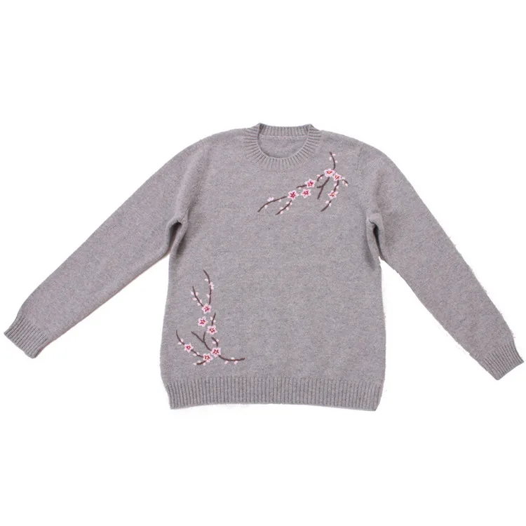  high grade 100%goat cashmere oneck thick knit women fashion jacquard pullover sweater grey 2color S
