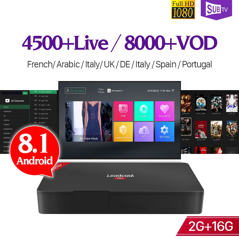 

IPTV French Receiver Box Leadcool Pro Android 8.1 RK3229 4K 2.4GHz WiFi SUBTV 1 Year Italia Full HD Live IP TV France Arabic
