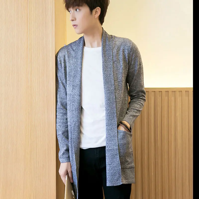 

2017 Men's Fashion Open Shawl solid color thin long Sweater men Knit Cardigan Free Shipping Size M-5XL 5 Color