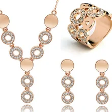Дешевые Свадебные Ювелирные наборы круглый дизайн Длинная подвеска ожерелье колье кольцо на палец австрийский, кристаллический, болтающийся Комплект сережек для женщин