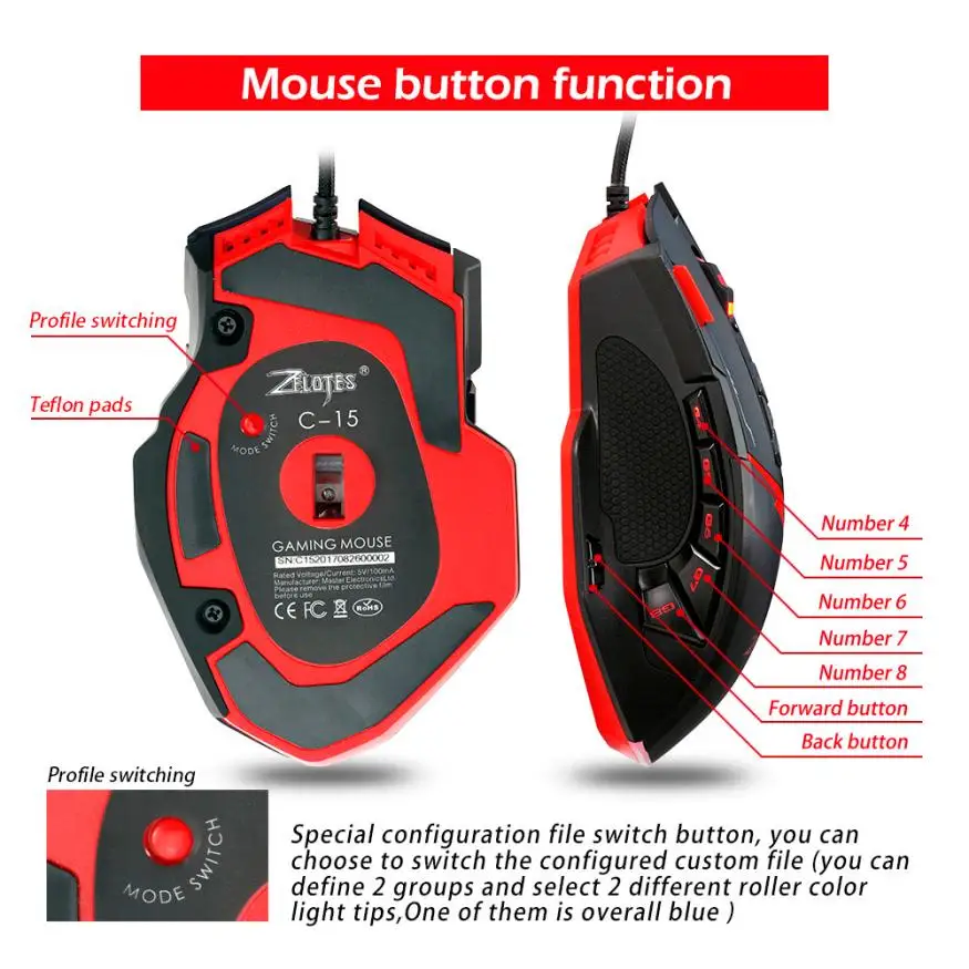 Zelotes C15 игровая мышь 7000 dpi 13 программируемых кнопок RGB светодиодный настраиваемый компьютерная игровая мышь Мыши для ПК ноутбука