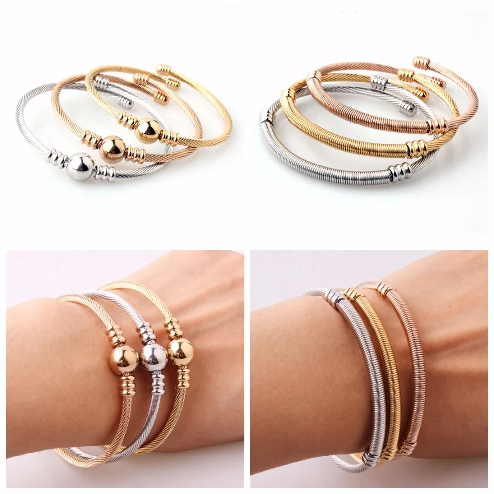

Silver&Gold&Rose Gold Color 3pcs/set Twist Cable Wire Link Chain Bangle Popular Stainless Steel Women's Girl's Cuff Jewelry