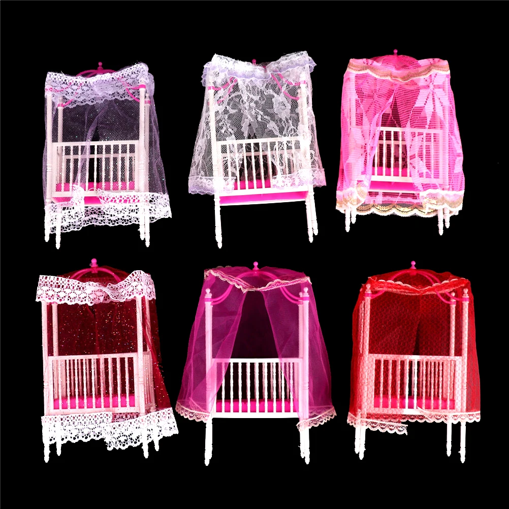 1set Plastic For Girl Dolls Dollhouse Cot Bed With Net Miniature Furniture Bedroom Decor Color Randomly | Игрушки и хобби