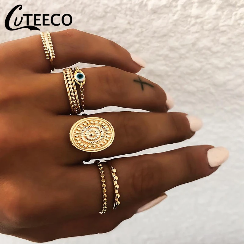 

6Pcs/Set Bohemian Ring Set Knuckle Seal Pattern Eye Boho Chain Rings For Women Statement European Vintage Jewelry Dropshipping