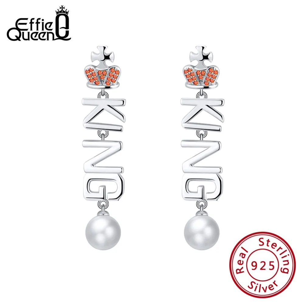 

Effie Queen Real 925 Sterling Silver Drop Earrings With Top Pearl AAA CZ Letter KING Sterling Silver Earing Women Jewelry BE141
