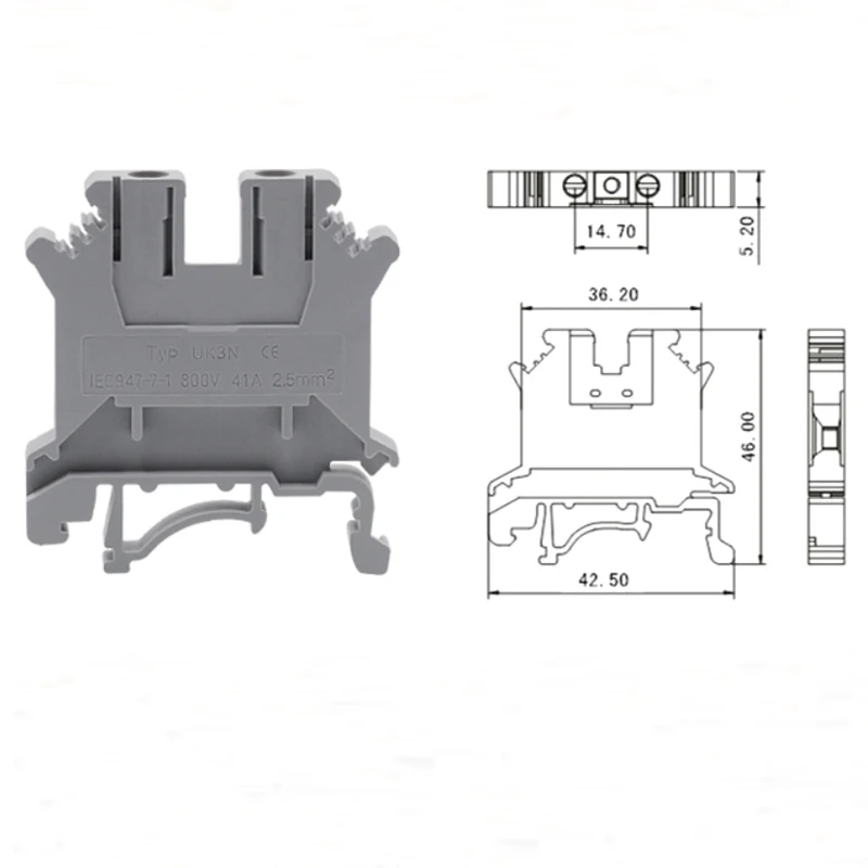 Винтовая Клеммная колодка на din-рейку Bornier UK-3N, электрический провод, Кабельные Клеммы, блок, медный разъем morsettiera 14awg 41A