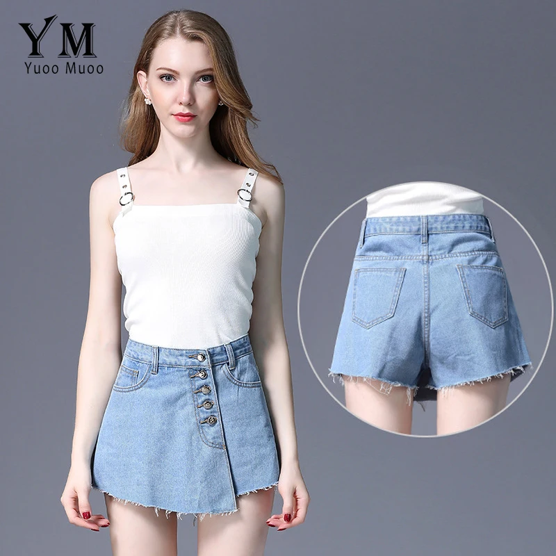 

YuooMuoo New Style Loose Women's Denim Shorts Summer High Waist Vintage Wide Leg Shorts Skirt Female Buttons A Line Jeans Shorts