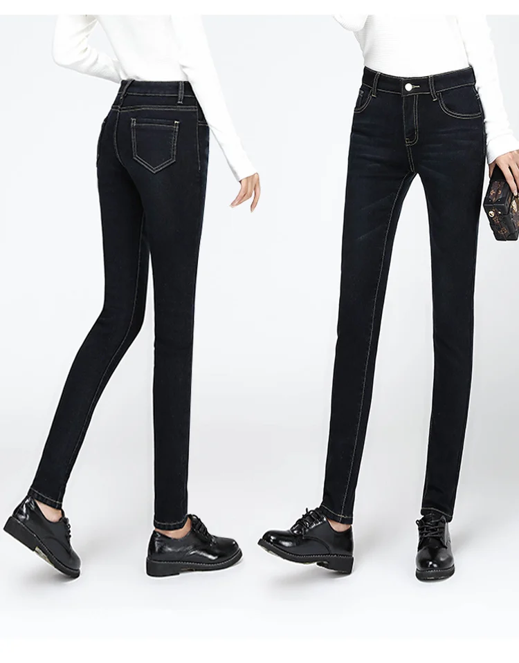 Кашемировые зимние теплые джинсы женские с высокой талией черные джинсы для девочек тянущиеся обтягивающие джинсы с эластичной резинкой на талии большие размеры