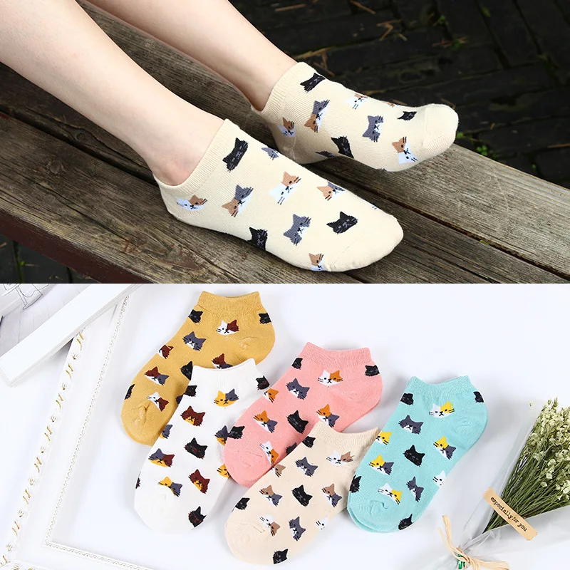 

Jeseca New Female Jacquard Socks Cute Cat Funny Kawaii Women Short Ankle Socks Spring Summer Invisible Non Slip Socks