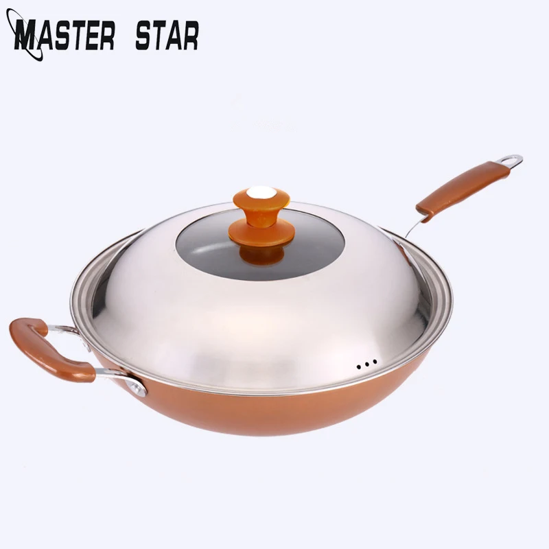 

Master Star 34cm No Lampblack Iron Woks Household Bottom Woks With Stainless Steel Cover