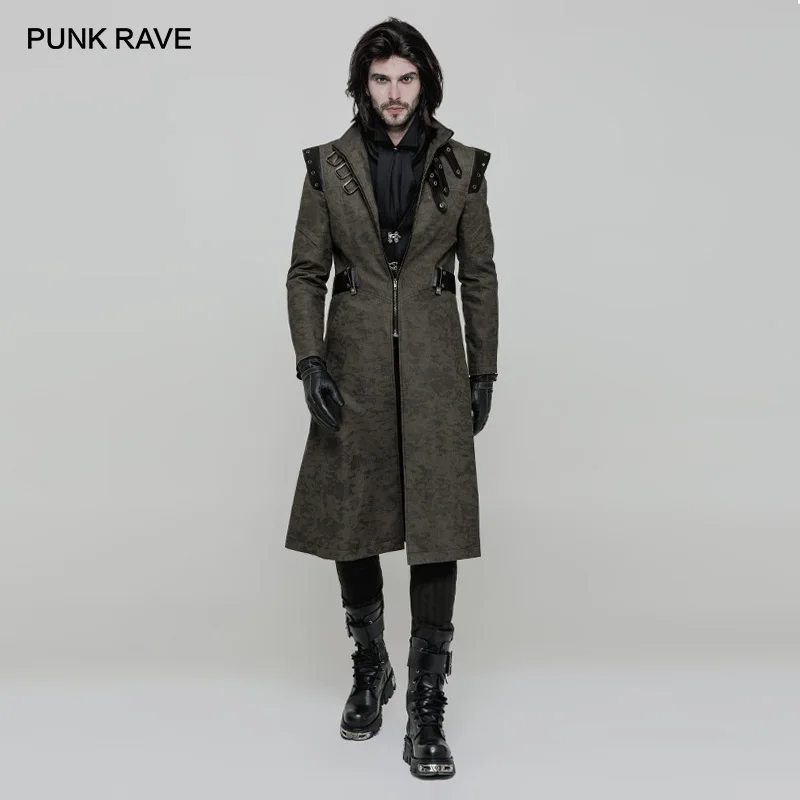 

PUNK RAVE Men's Gothic Jacquard Handsome Long Coat Fashion Steampunk Retro Party Long Jacket Coat