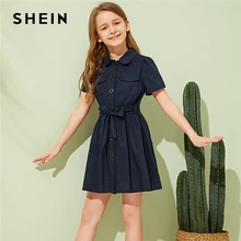 SHEIN Kiddie/платье-рубашка с одной пуговицей спереди и поясом для девочек; коллекция года; летнее короткое платье с короткими рукавами и двумя карманами для детей