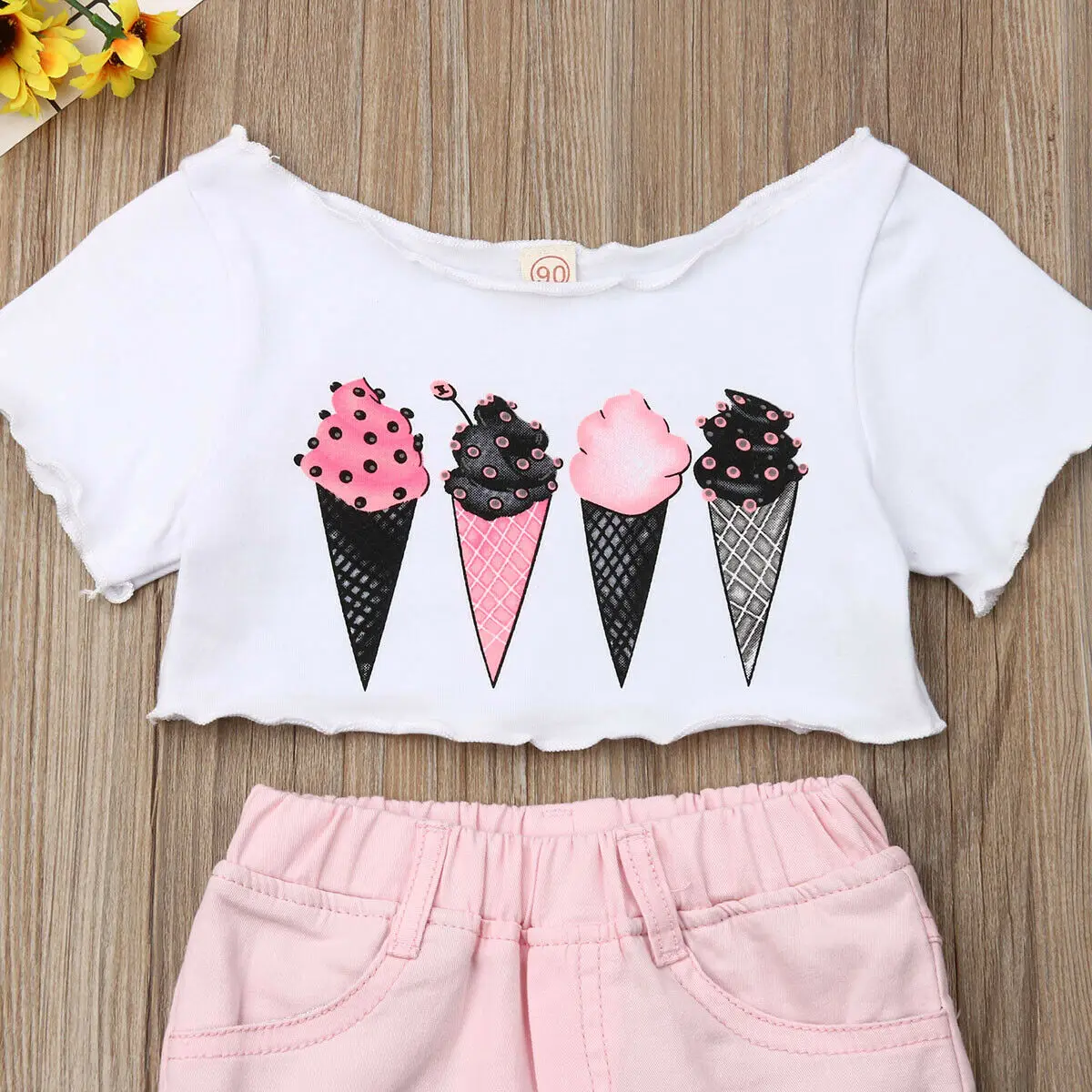 Одежда для маленьких девочек летние топы с принтом мороженого, футболка джинсовые розовые длинные штаны, комплект одежды, детский пляжный костюм
