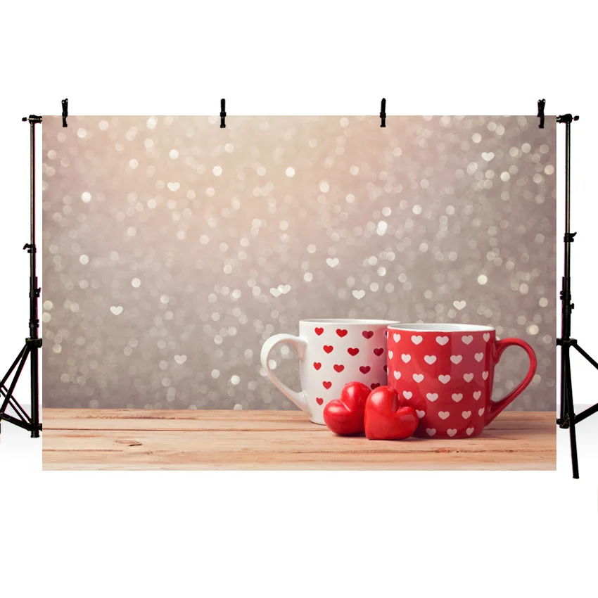 

Valentine's Day Vinyl Photography Background Rose Gold Glitter Heart Couple Cups Romantic Backdrop Photo Booth Studio